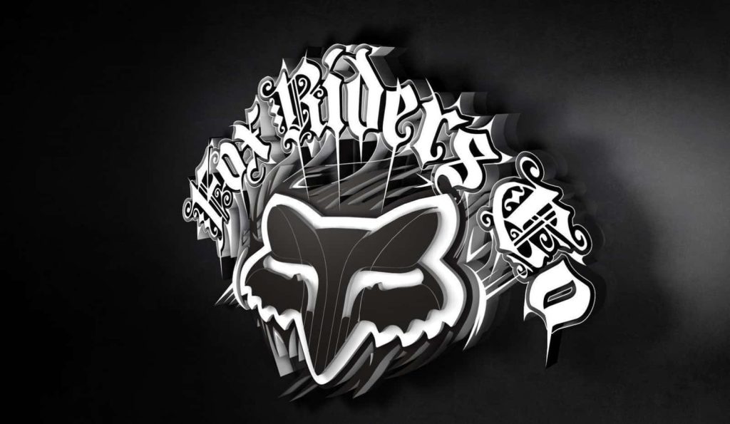 Fox Racing wallpaper with 3D black white Fox Head logo and stylized Fox Riders graffiti text