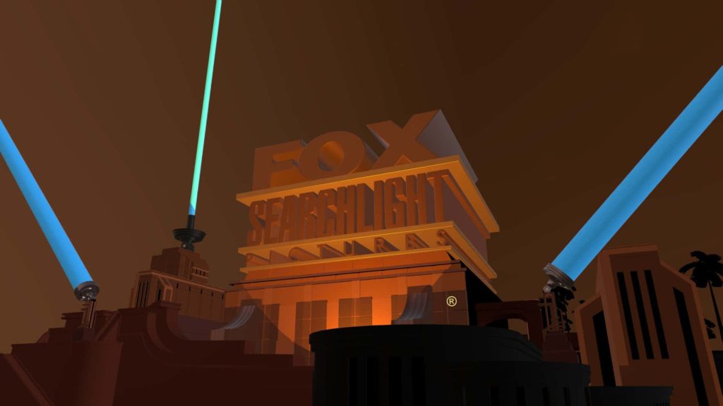 Fox Searchlight Pictures 3D Art Deco logo with blue searchlight beams on dark cinematic sky Wallpaper
