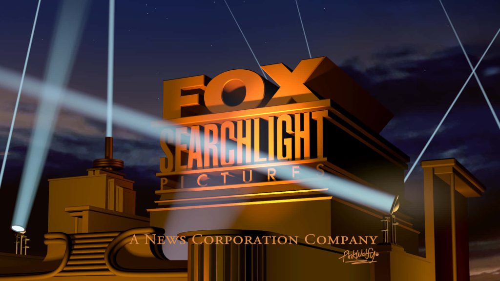Warm gold CGI Fox Searchlight Pictures logo with illuminated 3D lettering and searchlights Wallpaper