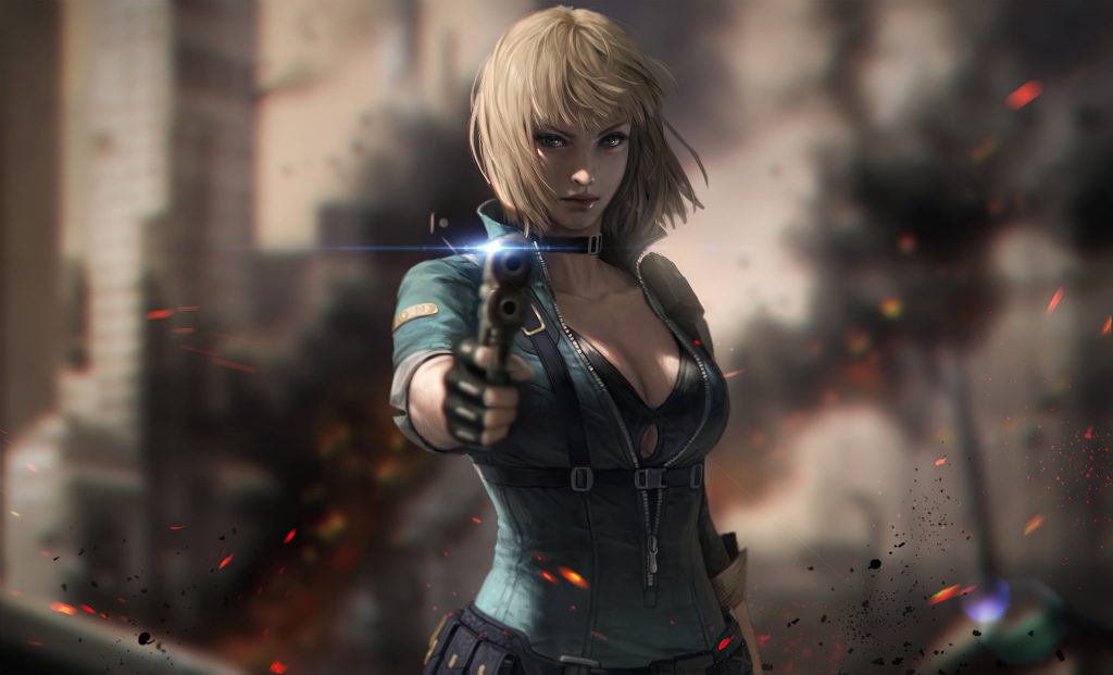 Fox from Crossfire aiming handgun in smoke-filled tactical shooter battlefield wallpaper