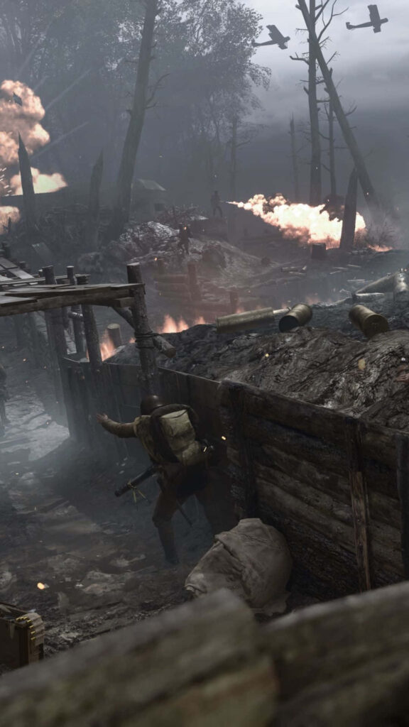 Intense Battlefield 1 Scene: Soldier in First-Person Amidst War-torn Landscape & Chaos Wallpaper