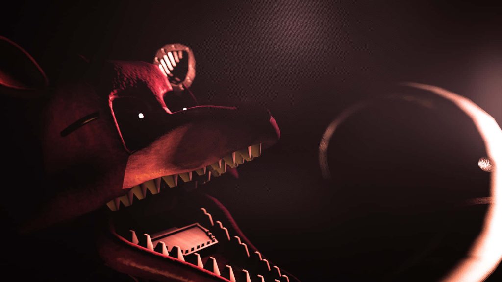 Menacing Foxy animatronic close-up with glowing eyes in red lighting Five Nights at Freddys wallpaper