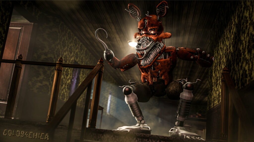 Nightmare Foxy 4K wallpaper dark hallway glowing eyes horror Five Nights at Freddy's fan art
