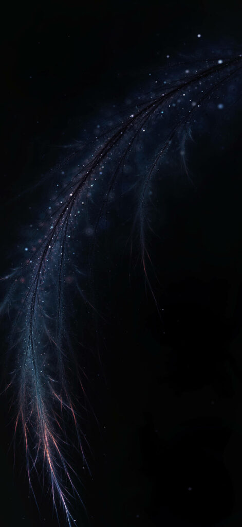 Infinite Elegance: A mesmerizing fractal feather design portrayed with abstract shimmer on a dark Full HD phone wallpaper