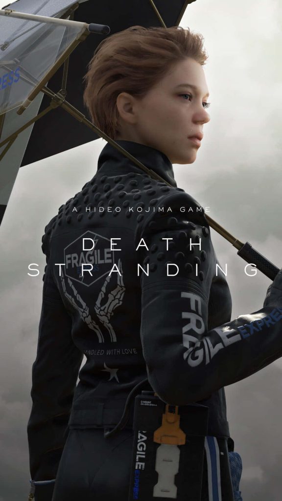 Fragile from Death Stranding in black jacket holding umbrella moody CGI gaming wallpaper background