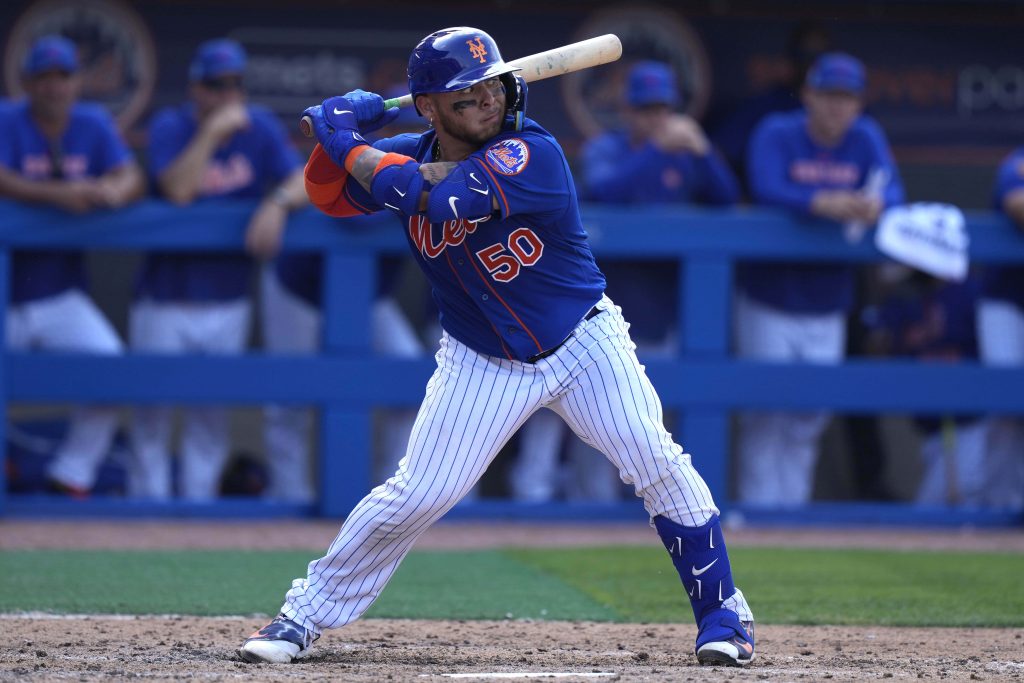 Francisco Alvarez New York Mets batting stance blue orange pinstriped MLB wallpaper background