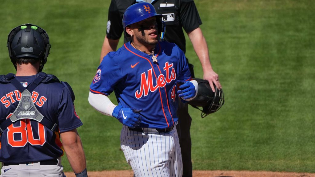 Francisco Alvarez New York Mets MLB player in blue uniform action shot on sunny baseball field Wallpaper