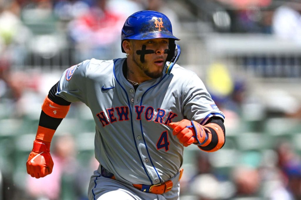 Francisco Alvarez New York Mets action MLB wallpaper grey uniform eye black intense game day