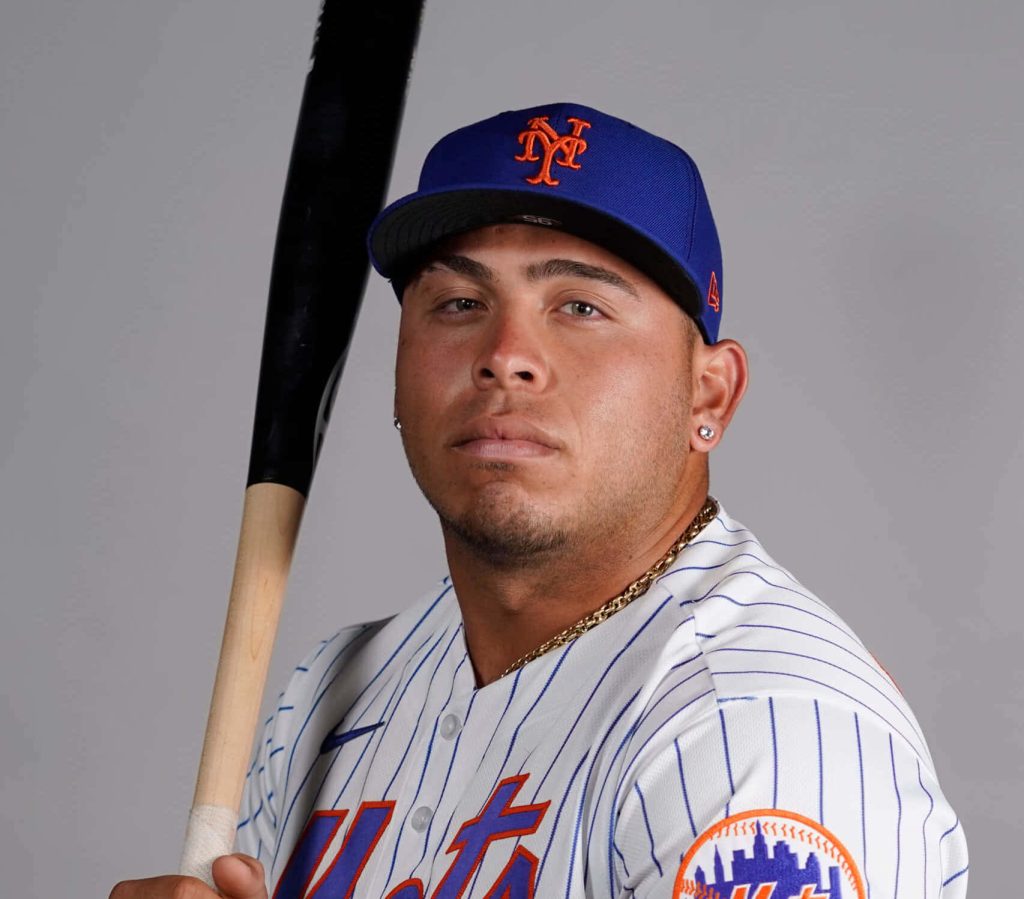 Francisco Álvarez New York Mets catcher studio portrait in pinstripe jersey with baseball bat wallpaper