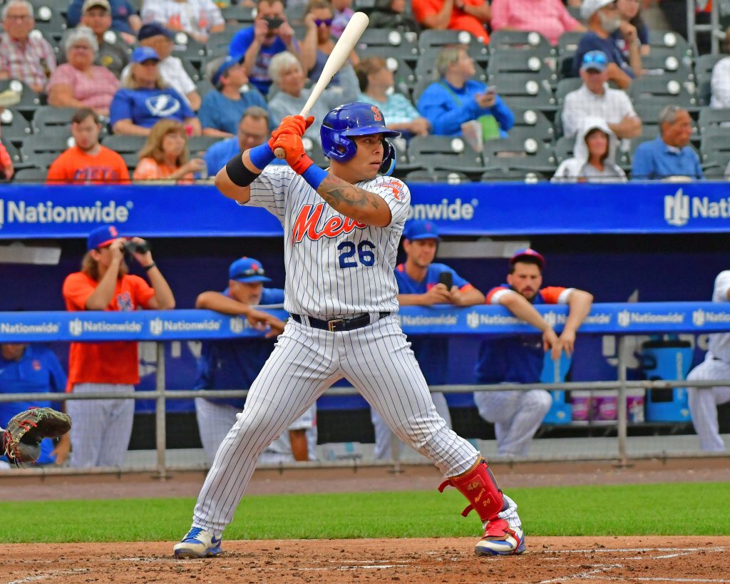 Francisco Alvarez Mets Syracuse pinstripe uniform batting swing orange gloves red guard wallpaper