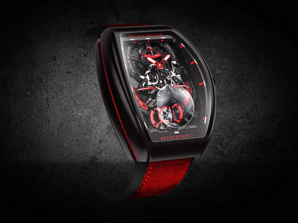 Franck Muller Revolution 3 luxury watch skeleton movement red strap digital render wallpaper