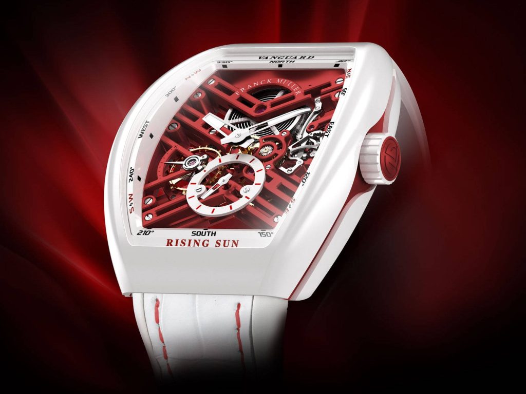 Franck Muller Vanguard Rising Sun watch white case red skeleton dial luxury red gradient wallpaper