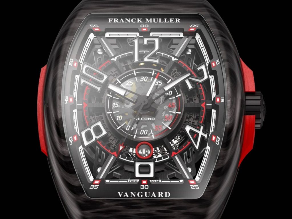 Franck Muller Vanguard watch wallpaper skeleton dial black case red accents luxury design