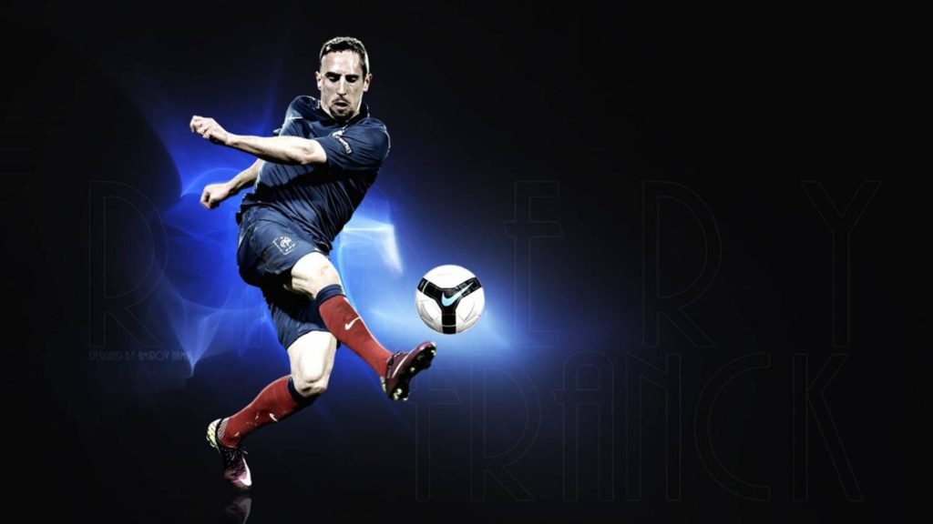 Franck Ribéry football wallpaper dynamic kicking pose blue lighting dark background sports art
