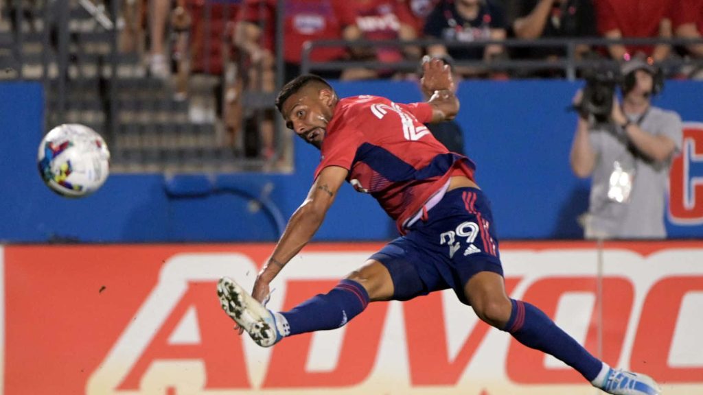 Franco Jara FC Dallas powerful volley mid-air soccer stadium floodlights dynamic wallpaper