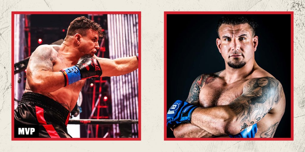 Frank Mir MMA training action and intense tattooed portrait split-view high-contrast wallpaper