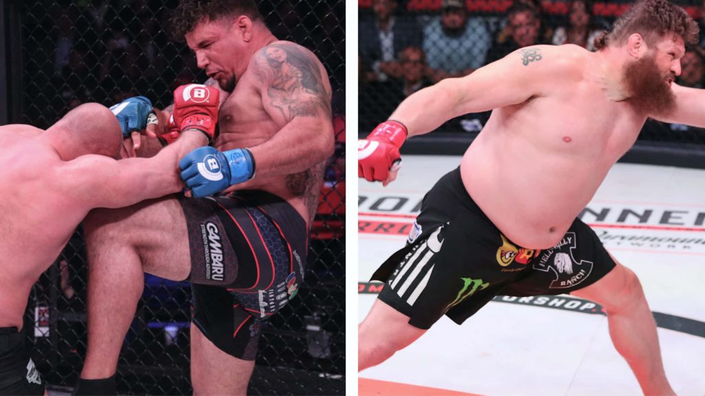 Action-packed MMA wallpaper of heavyweight legends Frank Mir cage fight and Roy Nelson strike