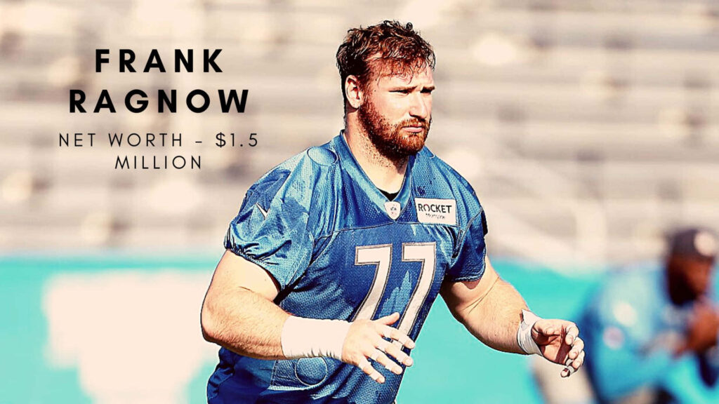 Frank Ragnow Detroit Lions blue jersey blurred stadium background sports poster net worth 1.5M Wallpaper