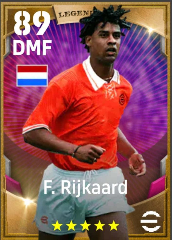 Frank Rijkaard eFootball wallpaper DMF in orange jersey gold frame purple radial background