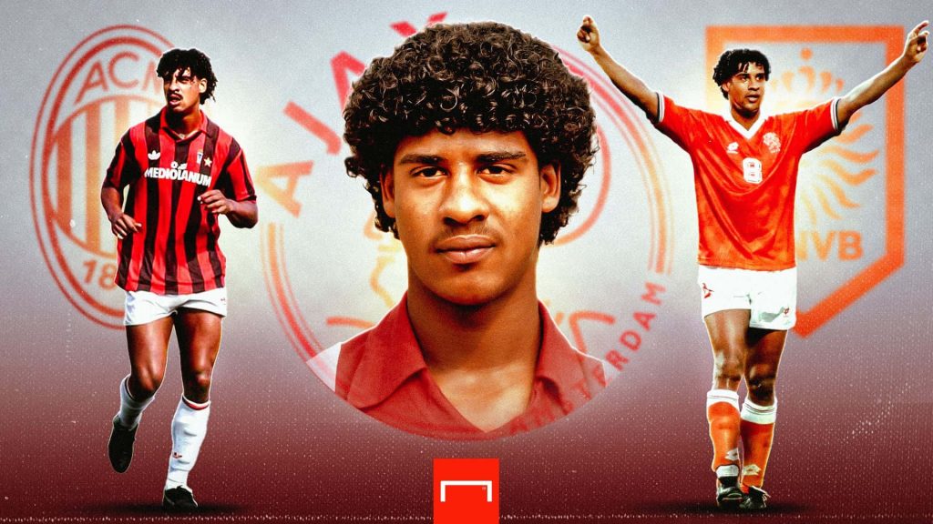 Digital collage wallpaper of Frank Rijkaard in AC Milan and Netherlands kits on Ajax red background