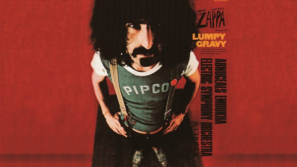 Frank Zappa Lumpy Gravy album cover wallpaper with retro rock style on vibrant red background