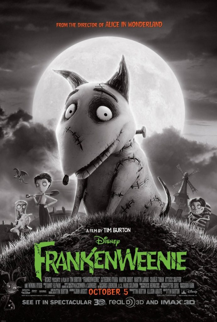 Frankenweenie movie poster with Sparky dog moon graveyard gothic black and white wallpaper