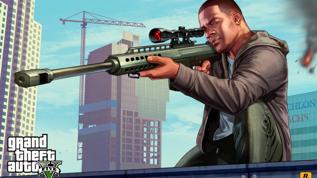 Franklin Clinton GTA V 4K wallpaper rooftop sniper rifle targeting Los Santos skyline scene