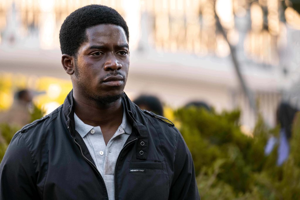 High-resolution wallpaper of Franklin Saint in black jacket from Snowfall outdoor soft light portrait