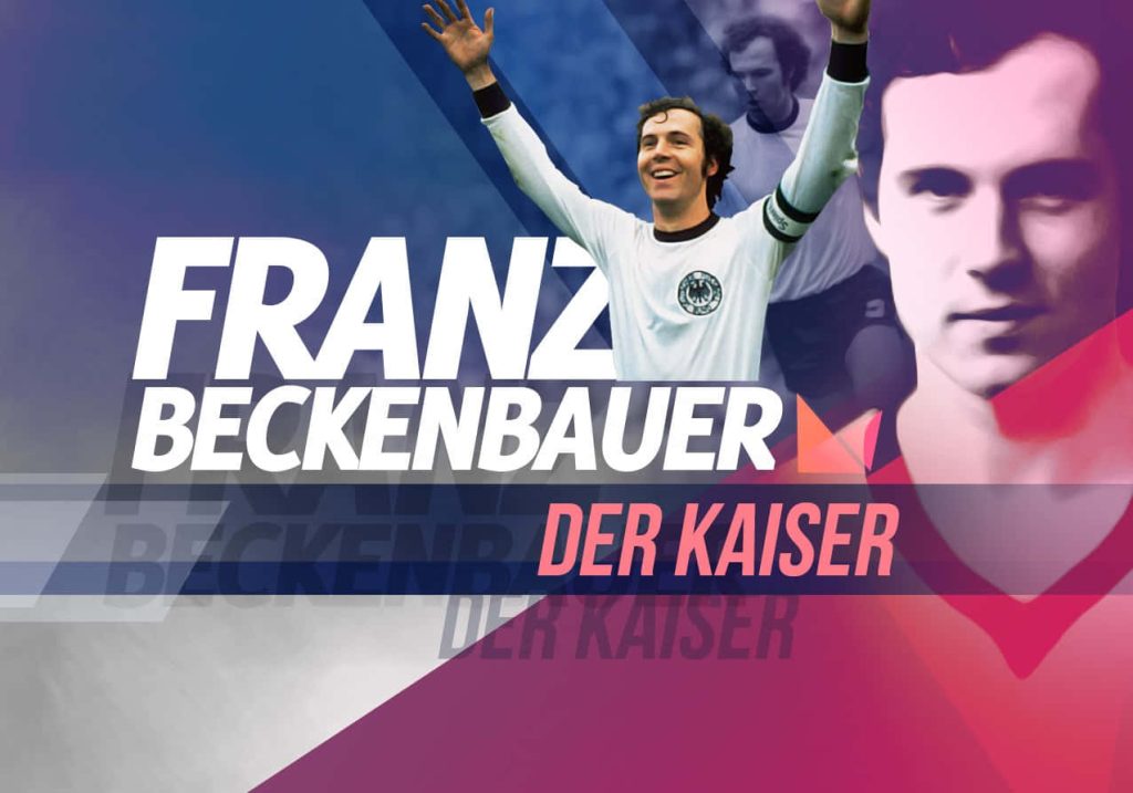 Franz Beckenbauer football legend poster with action and portrait on purple gradient background Wallpaper