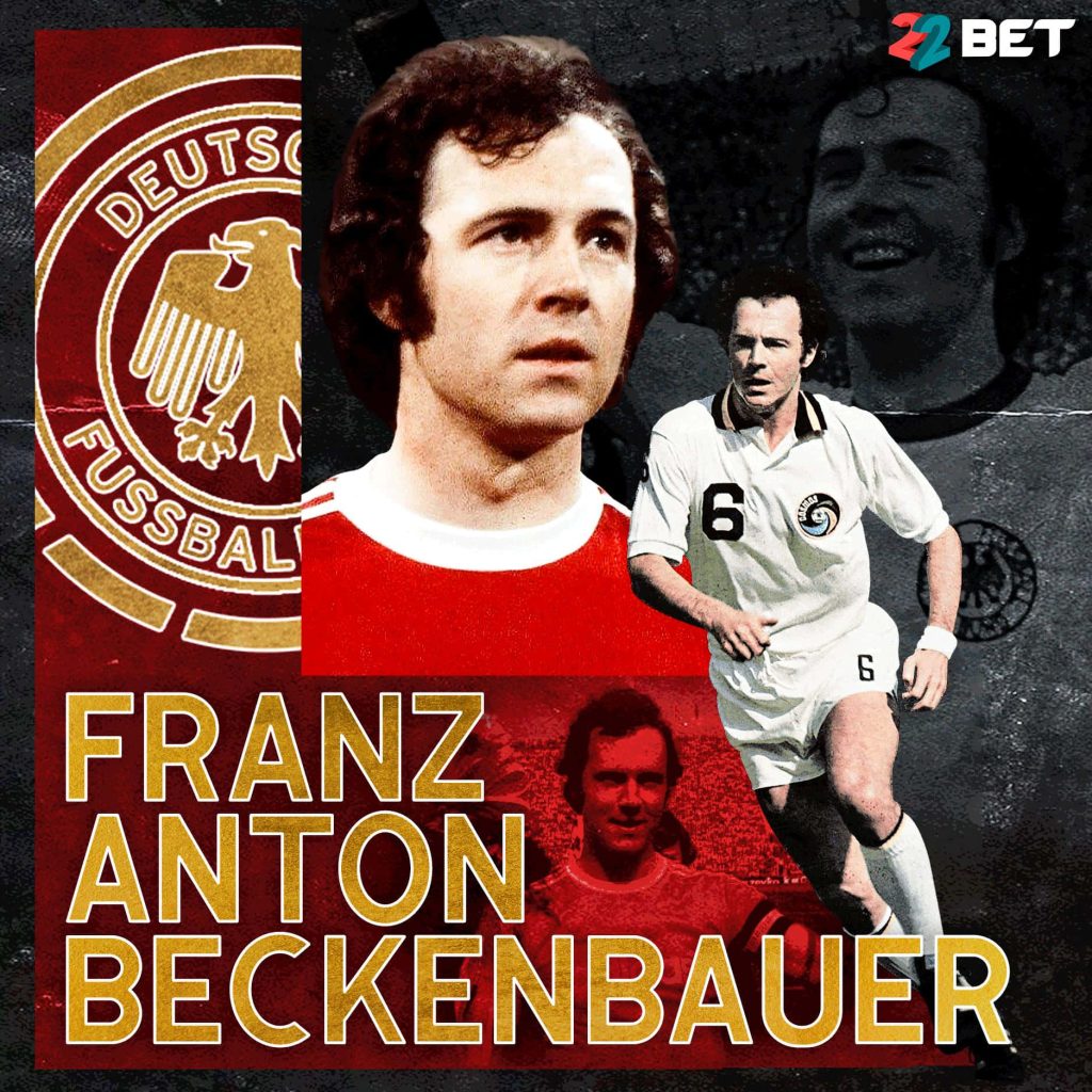 Franz Beckenbauer tribute wallpaper with German eagle crest gold typography red background