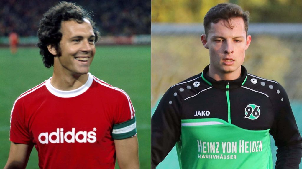 Franz Beckenbauer and grandson Luca in football jerseys split-screen tribute wallpaper background