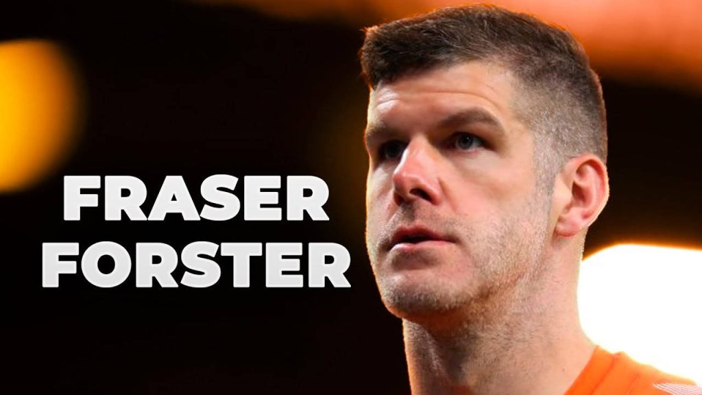 Fraser Forster goalkeeper portrait wallpaper with bold white name text and blurred stadium backdrop