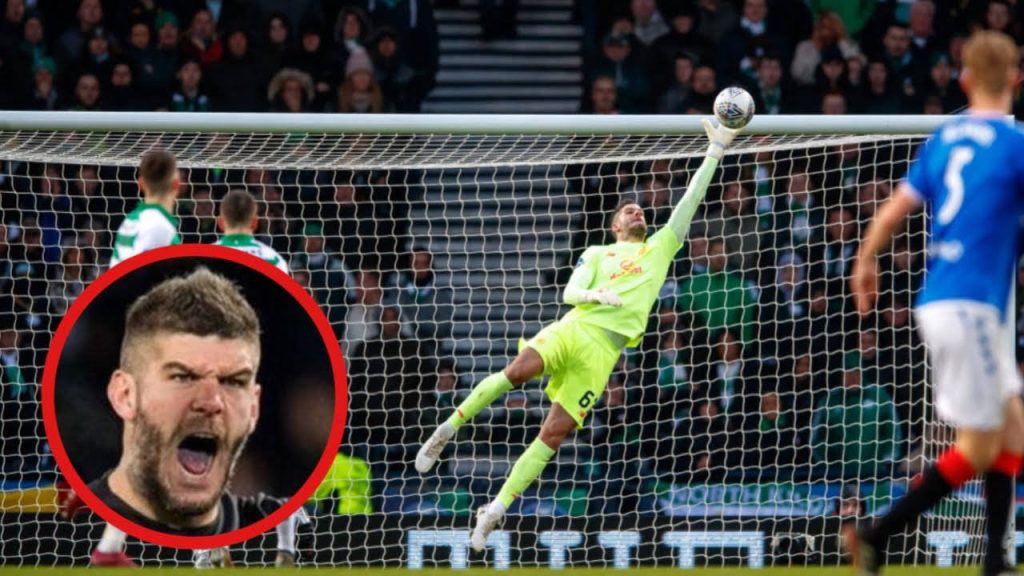 Fraser Forster making a dynamic high-flying save in neon kit with inset emotive portrait wallpaper