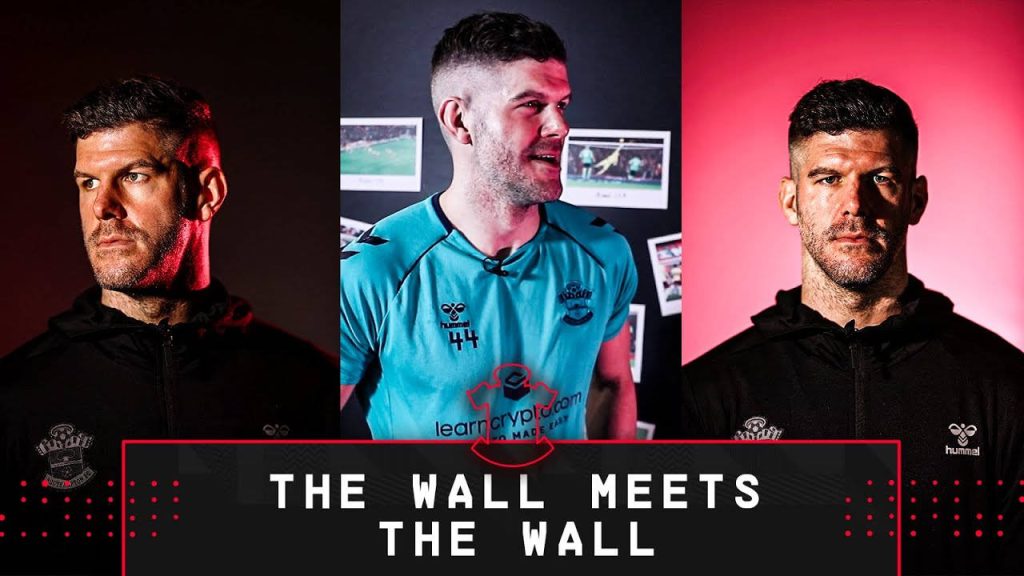 Three side-by-side photos of Southampton goalkeeper Fraser Forster with bold red lighting wallpaper