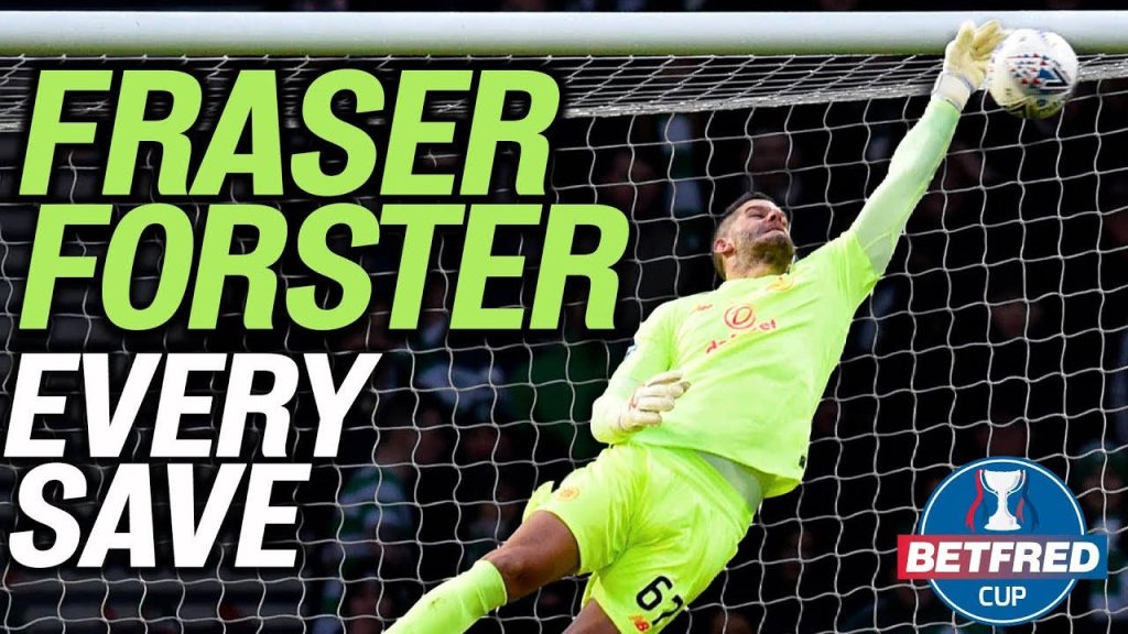 Goalkeeper Fraser Forster making a high save in yellow kit with Every Save and Betfred Cup logo Wallpaper