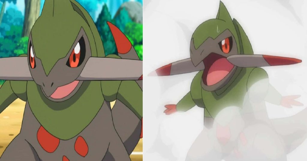 Fraxure Dragon-type Pokémon anime wallpaper with fierce gaze and action-packed olive green scales
