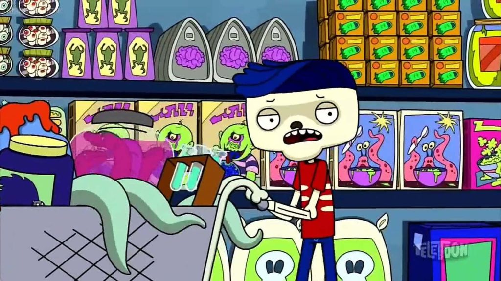 Ben in Freaktown chaotic grocery store with bizarre products vibrant animated wallpaper background