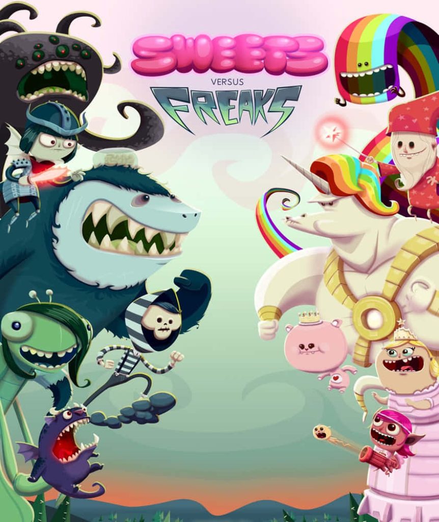 Freaktown wallpaper bright sweets versus dark monsters vibrant playful digital art background