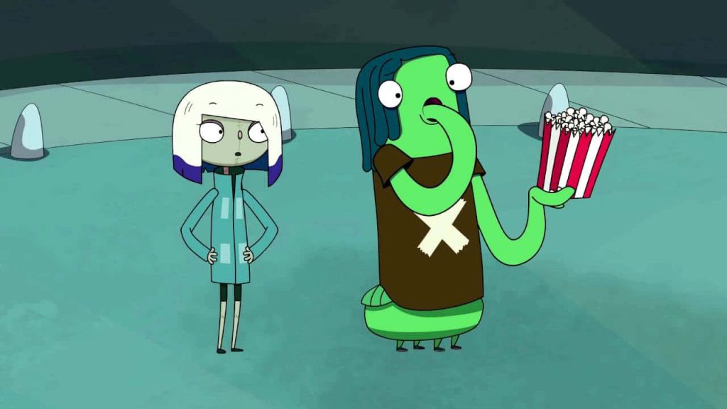 Freaktown wallpaper with Priscilla white purple hair and tentacled green Lenny eating popcorn