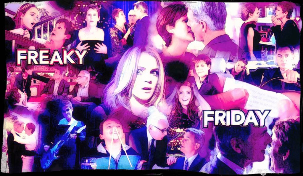 Freaky Friday 2003 collage wallpaper with Lindsay Lohan Jamie Lee Curtis vibrant purple background