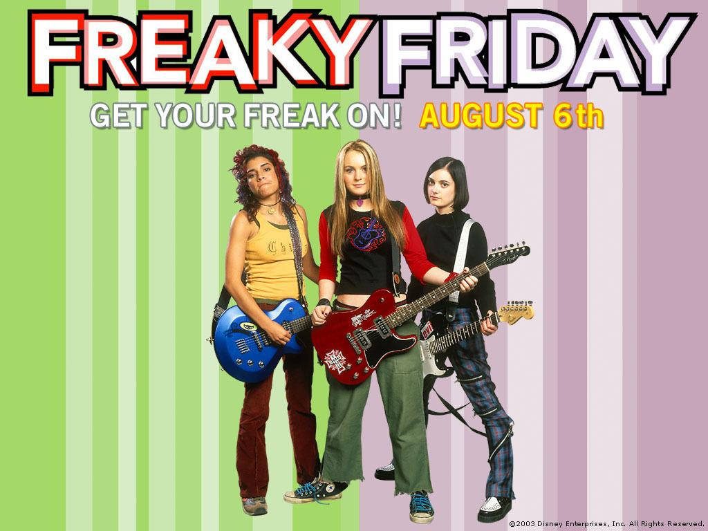 Freaky Friday 2003 Pink Slip band poster with Lindsay Lohan and guitars on green purple background Wallpaper