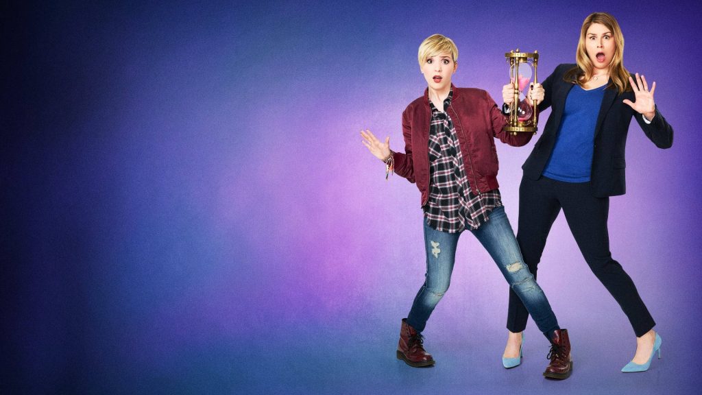 Disney Freaky Friday 2018 wallpaper with Cozi Zuehlsdorff Heidi Blickenstaff holding golden hourglass