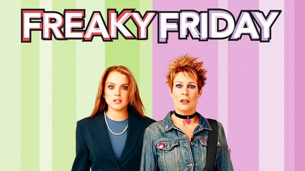 Freaky Friday wallpaper Jamie Lee Curtis Lindsay Lohan comedic shock vibrant split-screen background