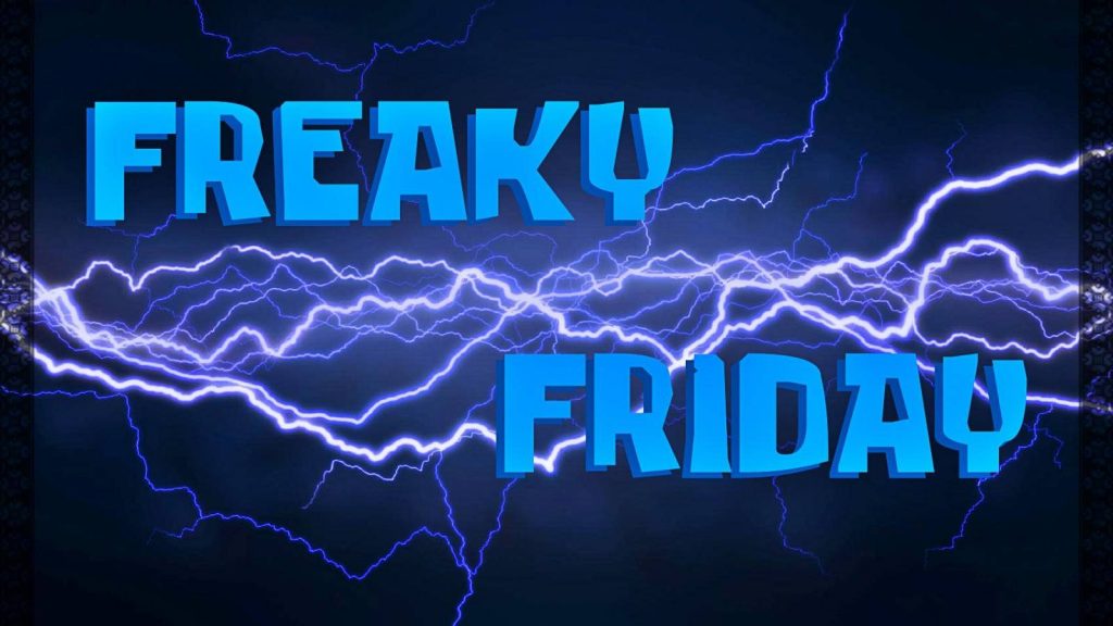 Freaky Friday title card wallpaper with bold blue text and glowing electric lightning bolts background