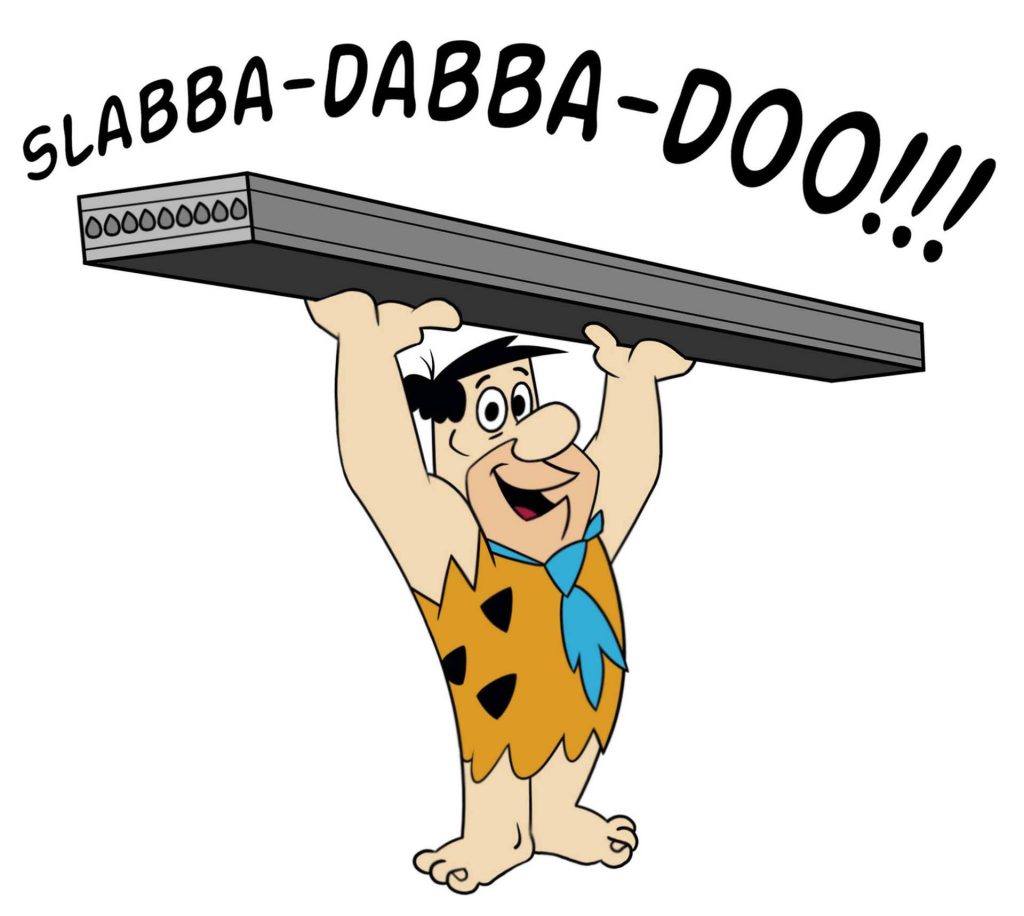 Fred Flintstone cartoon lifting heavy stone slab with slabba dabba doo text on white background Wallpaper