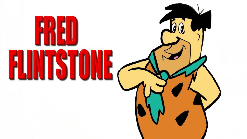 Fred Flintstone smiling 2D illustration bright wallpaper with bold red Flintstones text background