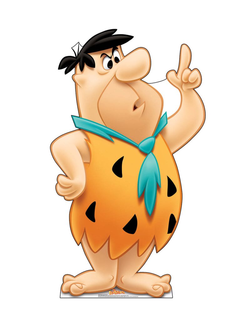 Fred Flintstone in orange leopard tunic and blue tie pointing finger on white background cartoon Wallpaper