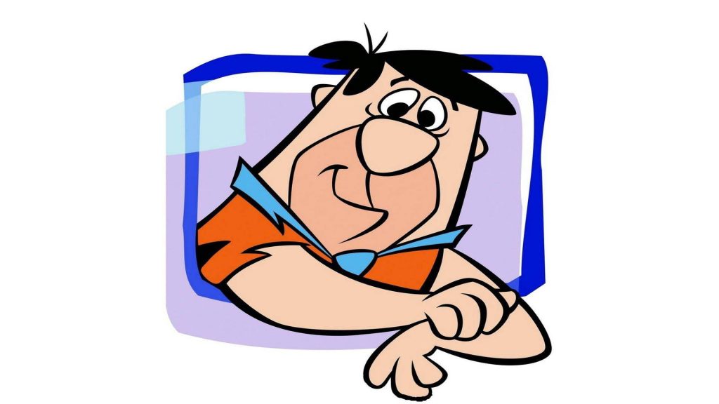 Fred Flintstone 2D illustration in blue purple geometric frame vintage cartoon wallpaper background