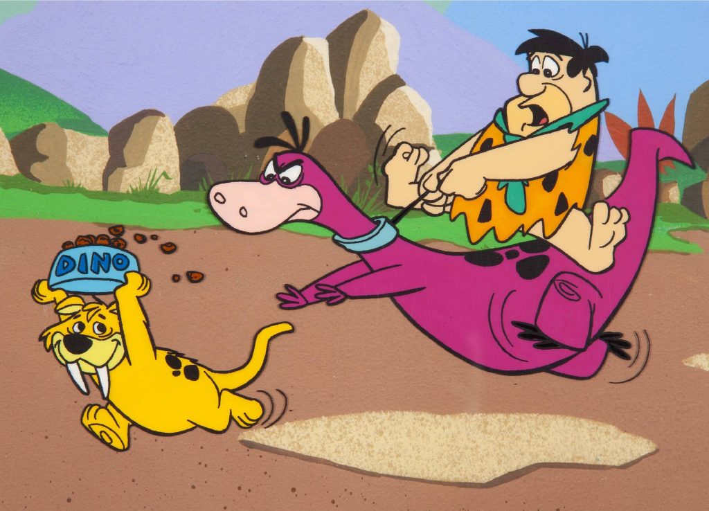 Fred Flintstone chases Baby Puss on dinosaur Dino prehistoric Flintstones cartoon wallpaper background