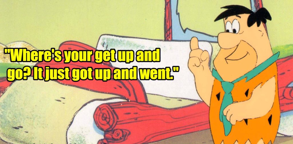 Fred Flintstone pointing by stone car with nostalgic quote retro cartoon wallpaper background